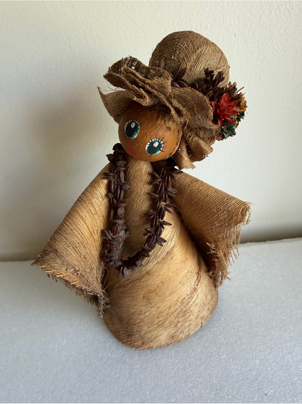 Vintage Hawaiian Coconut Fiber Hula Doll Handmade Hawaii Souvenir Figure